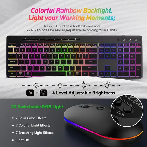 Vista 3 de Combo de teclado y mouse inalámbricos con retroiluminación, teclado ergonómico de tamaño completo 2.4G con letras iluminadas, mouse RGB recargable