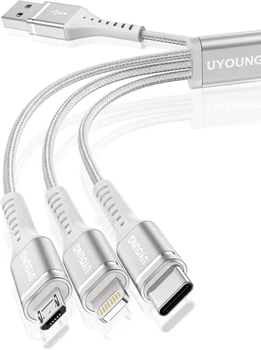 Vista 17 de Cable de carga múltiple corto de 1 pie, paquete de 2 cables de carga 3 en 1, cables universales trenzados para teléfono con conectores