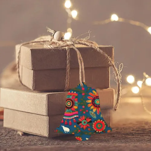 Vista 5 de 6 adornos de madera de Navidad para niños y adultos, decoración colgante de árboles de Navidad, 4 estilos, arte popular mexicano, estampado bohemio