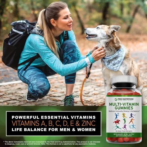 Vista 2 de TRIO NUTRITION Gomitas multivitamínicas diarias para hombres y mujeres, sabor a fruta natural con vitaminas esenciales A, B, C, D, E y zinc, sin