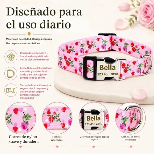 Vista 3 de Collar de perro personalizado personalizado con etiqueta de identificación grabada, nombre de perro y número de teléfono/collares de perro