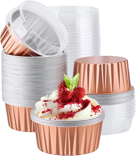 Vista 25 de EUSOAR Moldes desechables de papel de aluminio con tapas, 30 piezas de 5 onzas (4.2 fl oz) de papel de aluminio para magdalenas, tazas para hornear