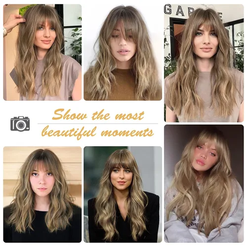 Vista 2 de HAIRCUBE Pelucas de color marrón a rubio con flequillo, pelucas sintéticas de cabello rizado, pelucas de cabello largo ondulado natural resistente