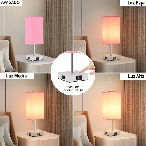 Vista 2 de Lámpara de mesa con control táctil, 3 modos regulables, puertos USB C+A y tomacorriente, lámpara de noche para decoración de dormitorio y sala