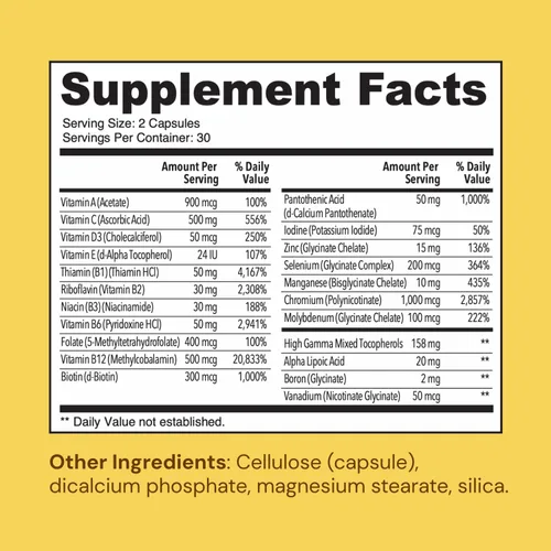 Vista 3 de Multivitamínico diario para hombres y mujeres adultos, multivitaminas quelatadas con zinc, biotina, yodo, cromo, manganeso y vitaminas A, B6, B12