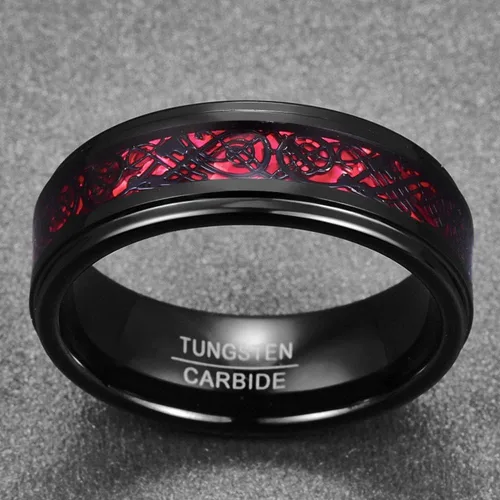 Vista 3 de Corato Anillos de tungsteno para hombre, 0.315in, dragón celta negro y ópalo rojo, dos tonos, carburo de tungsteno, borde escalonado, ajuste cómodo