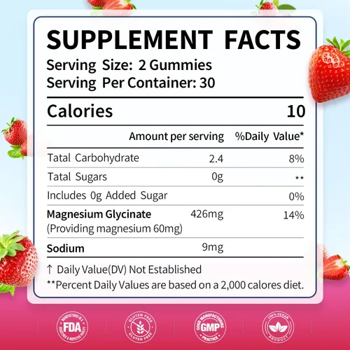 Vista 5 de Gomitas de glicinato de magnesio, alta absorción, apoyo muscular y nervioso, calma y relajación, salud ósea, cero azúcar, veganas, sin gluten, 60