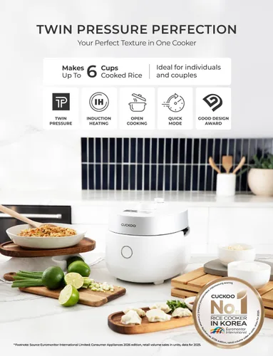 Vista 2 de CUCKOO CRP-MHTR0309F Arrocera de calentamiento por inducción de presión doble de 3 tazas (sin cocinar) 11 opciones de menú: alta/sin presión