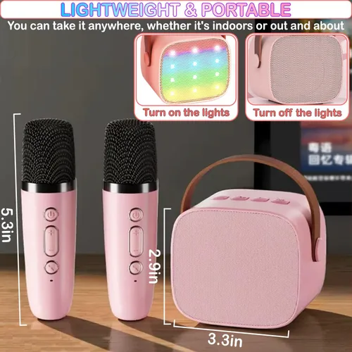 Vista 6 de Mini máquina de karaoke para niños de 4 a 12 años, altavoz Bluetooth con 2 micrófonos inalámbricos y luces LED, regalos de Navidad y cumpleaños