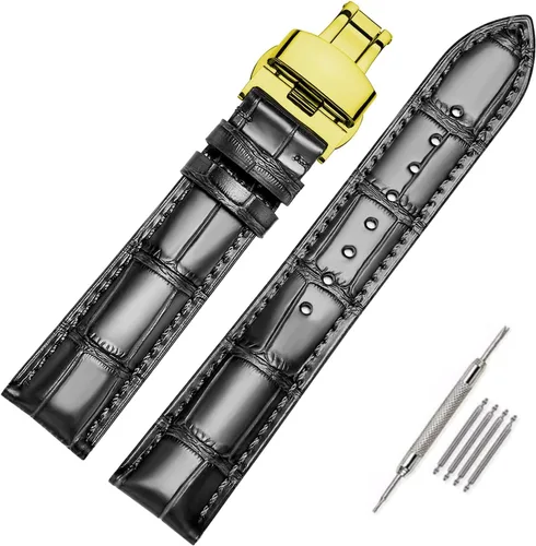 Vista 18 de Moran - Correa de cuero genuino con estampado de cocodrilo y cuero vacuno, hebilla de despliegue de repuesto, correa de reloj de 18 mm a 24 mm