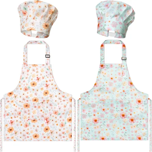 Vista 11 de Juego de 4 delantales y sombrero de chef para niños, regalo para niñas y niños, con palabras del alfabeto de animales, delantales ajustables