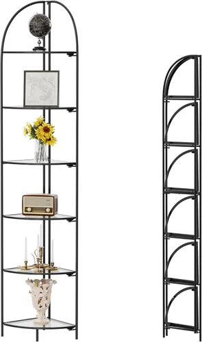Vista 22 de Crofy Estante esquinero plegable de 3 niveles, soporte de esquina de metal para plantas con marco negro y estantes negros, estante de exhibición