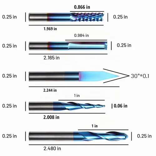 Vista 2 de Genmitsu Colección de brocas de enrutador CNC de uso general, vástago de 1/4", revestimiento azul nano, MC10A