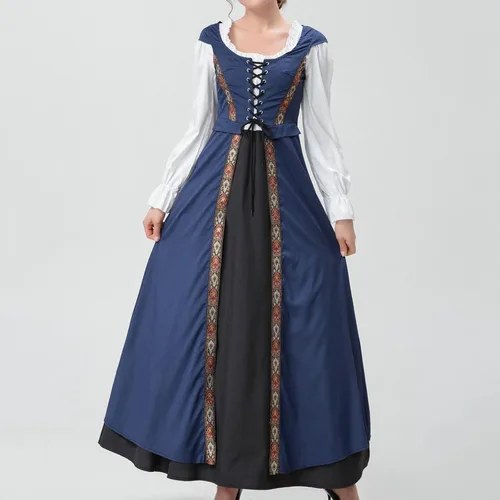 Vista 5 de Vintage Retro Costume for Women Renaissance Patchwork Long Sleeve Dress Square Neck Tunic Steampunk Long Dresses