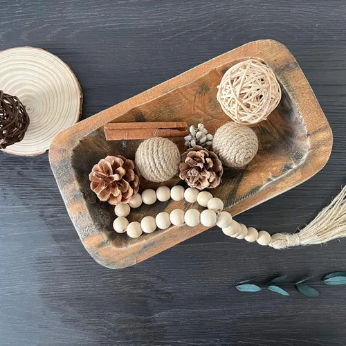 Vista 6 de Cuencos de masa de madera decorativos, cuencos largos rústicos para decoración de pan, bandeja de madera, tallados a mano para decoración de centro