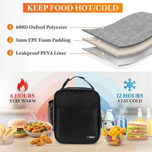 Vista 3 de OPUX lonchera aislada de alta calidad Bolsa de almuerzo escolar suave hermética para niños y niñas Durable y reutilizable como lonchera de Negro