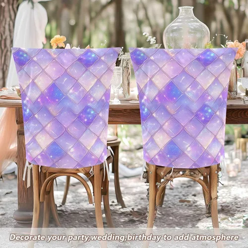 Vista 6 de Juego de 6 fundas decorativas para sillas de comedor con diseño de escamas de dragón morado, para reuniones familiares, fundas de asiento extraíbles