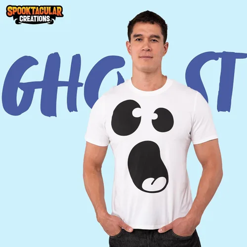 Vista 2 de Spooktacular Creations Camiseta de fantasma blanco para adultos, disfraz de cara de ghoul para Halloween, juego escolar, juego de rol, fiesta