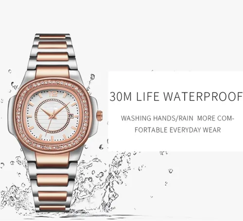 Vista 7 de Relojes de mujer Moda Cuadrado Dial Acero Inoxidable Impermeable Fecha Diamante Damas Vestido Relojes de Pulsera