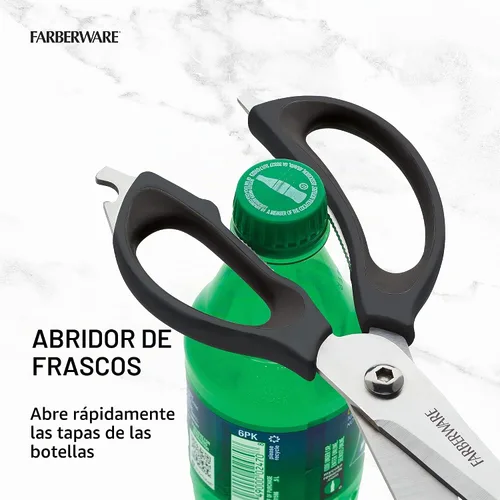 Vista 6 de Farberware Tijeras de cocina 4 en 1 con mango negro, tijeras de acero inoxidable de alto carbono con abridor de botellas, abridor de tarros