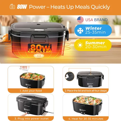 Vista 2 de Annie & Mia Design Lonchera eléctrica portátil de 50 onzas para adultos, calentador de alimentos portátil de doble contenedor, lonchera calentada