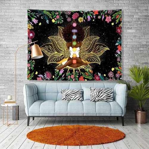Vista 2 de Ine Ive Tapiz de chakra africano, mujer afroamericana, tapices de meditación zen, 40 x 30 pulgadas, cielo estrellado, flores, jardín, inspirador