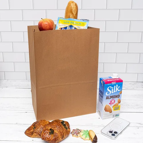 Vista 5 de Bolsas de papel Kraft desechables de Prime Line Packaging, bolsas para lonchera extra grandes para llevar golosinas, comestibles, uso en panadería