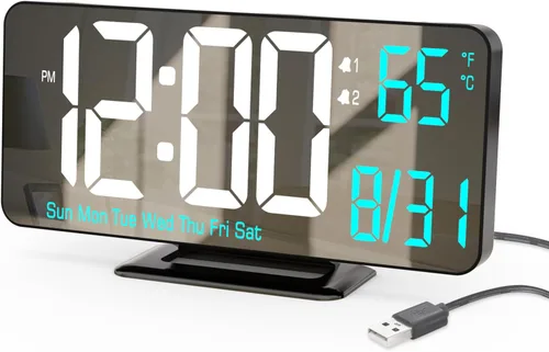 Vista 9 de KOSUMOSU Reloj de Escritorio 6.7 pulgadas Reloj Despertador Digital Negro con Alarma Dual, Atenuación, Fecha, Día de la Semana, Temperatura, 12h