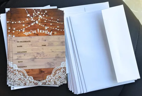 Vista 6 de 25 invitaciones rústicas y 25 sobres para bodas, despedidas de soltera, cumpleaños, compromisos, despedidas de soltera. Este estilo rústico