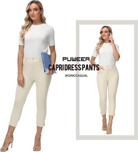 Vista 5 de PUWEER Pantalones capri para mujer, elegantes, casuales, elásticos, rectos, con bolsillos