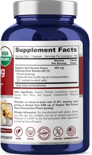 Vista 2 de NusaPure Cápsulas de ginseng panax coreano rojo, 450 mg, 180 cápsulas vegetales (sin OMG, USDA, veganas)