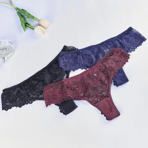 Vista 2 de MEIYATING Tangas de encaje de cintura baja para mujer ropa interior con espalda en V paquete de 5