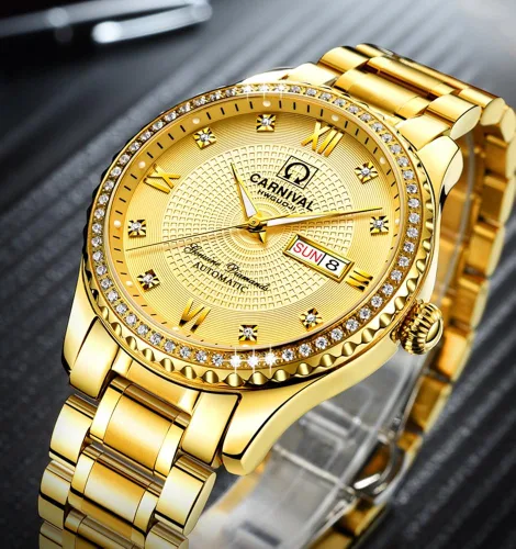 Vista 3 de CARNIVAL Mens Dial Automatic Full Gold Stainless Steel Sapphire Glass Waterproof Men Black Watch