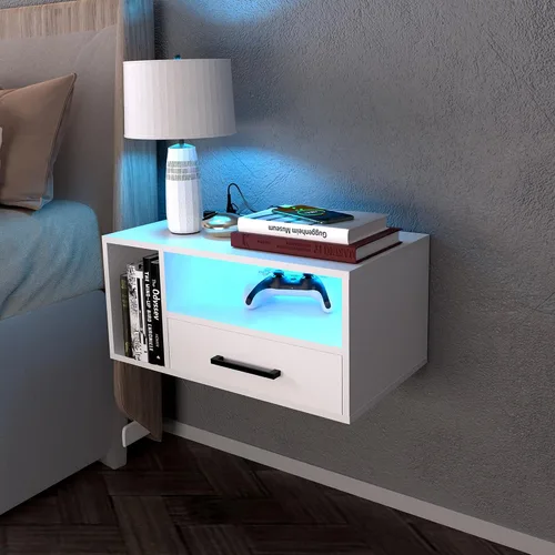 Vista 11 de Mesita de noche flotante con estación de carga y tiras de luz LED, mesita de noche de 21.3 pulgadas con cajones, mesita de noche flotante