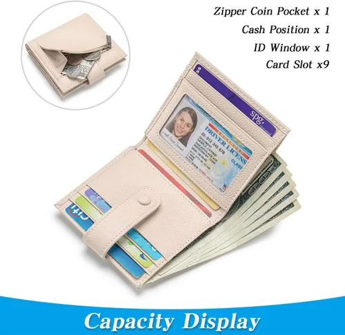 Vista 2 de Cartera delgada para mujer de cuero genuino pequeño plegable titular de la tarjeta de crédito con cremallera moneda bolsa de identificación ventana