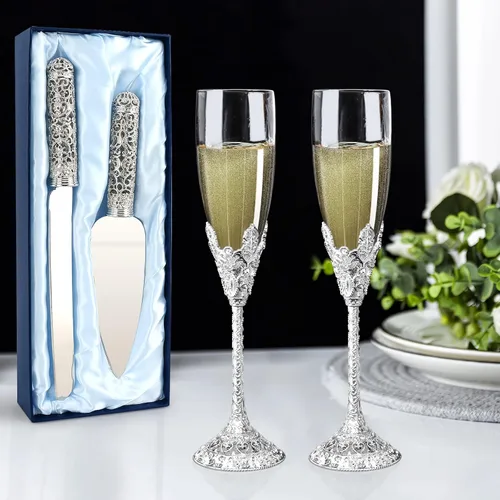 Vista 8 de Juego de cuchillo y servidor de plata para boda, juego de 2 piezas de postre con mango de metal con piedras de cristal para decoración de bodas