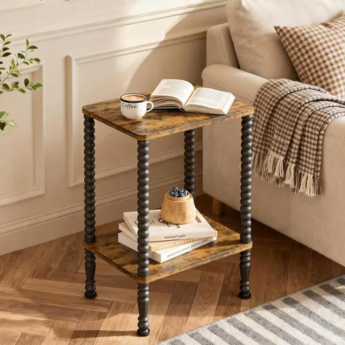 Vista 8 de Mesa auxiliar, mesa auxiliar pequeña, mesita de noche de 2 niveles con estantes de almacenamiento, mesa de centro para espacios pequeños, diseño