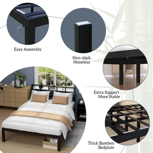Vista 5 de Marco de cama de bambú tamaño Queen con cabecero, plataforma de cama sólida y estable con listones antideslizantes de soporte, cama alta, no Negro