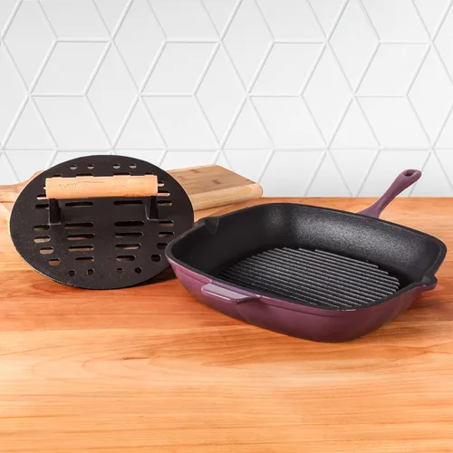 Vista 7 de BergHOFF Cast Iron2Piece Grill Set - Prensa para parrilla y prensa para carne, rojo