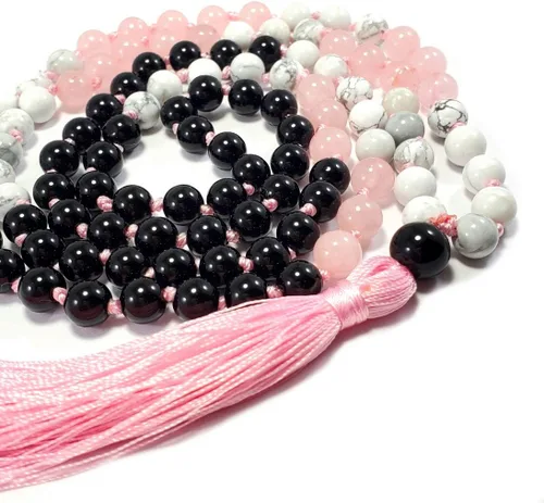 Vista 7 de Balance Mind & Spirit 108 Japa Mala Collar Real Piedras Semipreciosas Ónix Cuarzo Rosa Howlita Turquesa, Anudado a mano Rosa Borla Yoga Meditación