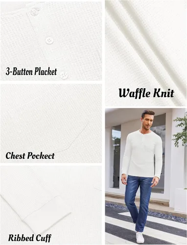 Vista 4 de COOFANDY Camisas Henley de manga larga para hombre con bolsillo