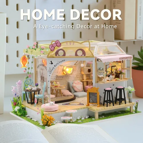 Vista 9 de Flever Kit de casa de muñecas en miniatura para bricolaje, habitación creativa con muebles para regalo romántico de San Valentín (Cat Cafe Garden)