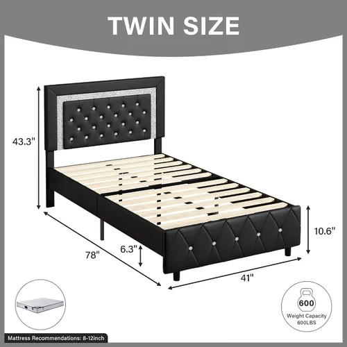 Vista 2 de BarnFurin Base de cama individual con cabecero, cama tapizada con diseño capitonado de diamante, marco de cama para niños con soporte de listones