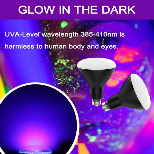 Vista 4 de BR30 - Paquete de 2 bombillas UV negras para fiesta brillante, 15 W (equivalente a 100 W), E26 UVA 385-410 nm, bombilla LED grande de luz negra