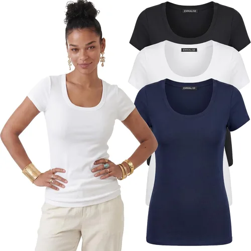 Vista 14 de Emmalise - Camiseta de manga corta para mujer, cuello redondo, estilo básico, pack de valor, tallas junior y grandes