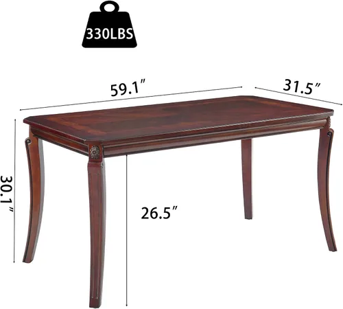 Vista 2 de PADMA HOUSE Mesa de comedor tradicional de madera maciza para 6, 59 pulgadas de largo, mesa rectangular de madera con patas curvas, escritorio