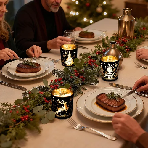 Vista 6 de Portavelas votivas, juego de 3 portavelas de Navidad de cristal negro y dorado, portavelas de té con Papá Noel, reno, patrón de árbol Xmax