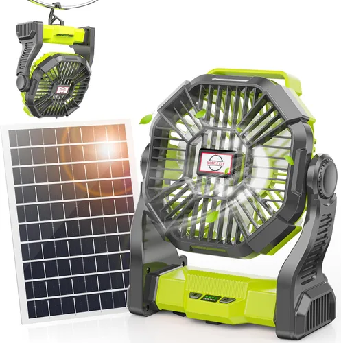Vista 8 de Ventilador solar de 30000 mAh con linterna LED, panel solar recargable de 10 W, ventilador de camping para exteriores, portátil de 9 pulgadas Rosa