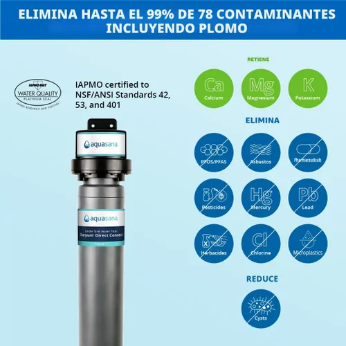 Vista 2 de Aquasana Filtro de agua para grifo de fregadero Reduce el 99% de 78 contaminantes, incluyendo cloro y plomo del agua del grifo, filtración debajo