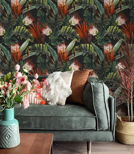 Vista 6 de HAOKHOME Papel tapiz removible con diseño floral de selva para despegar y pegar, papel de pared de vinilo negro/verde/rojo, papel de contacto, 17.7